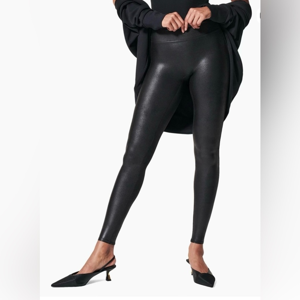 NWT SPANX Anthropologie Black Faux Leather Shiny Leggings Size Large